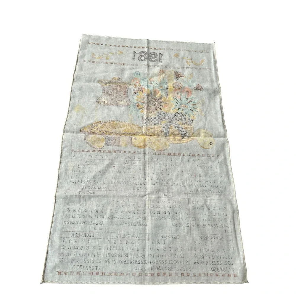 VTG 1981 Linen Tea Towel Calendar Floral Basket Pie Country Kitchen Decor Cabin